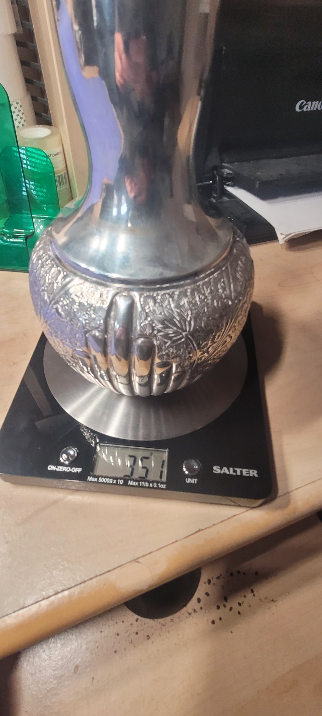 Antique Solid Silver Vase 351g 18cm Hand Chased Floral Design Stamped "SILVER"