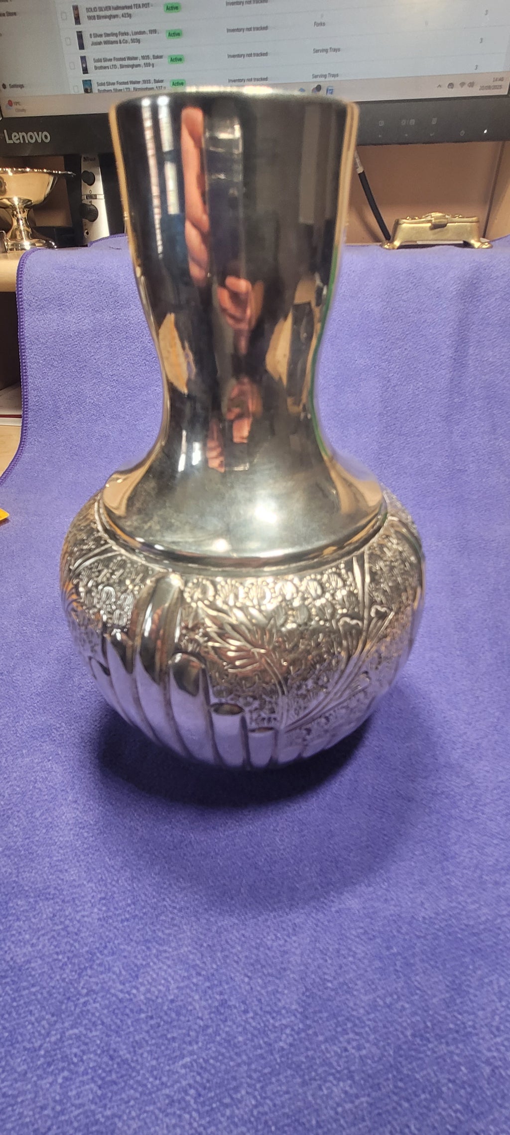 Antique Solid Silver Vase 351g 18cm Hand Chased Floral Design Stamped "SILVER"