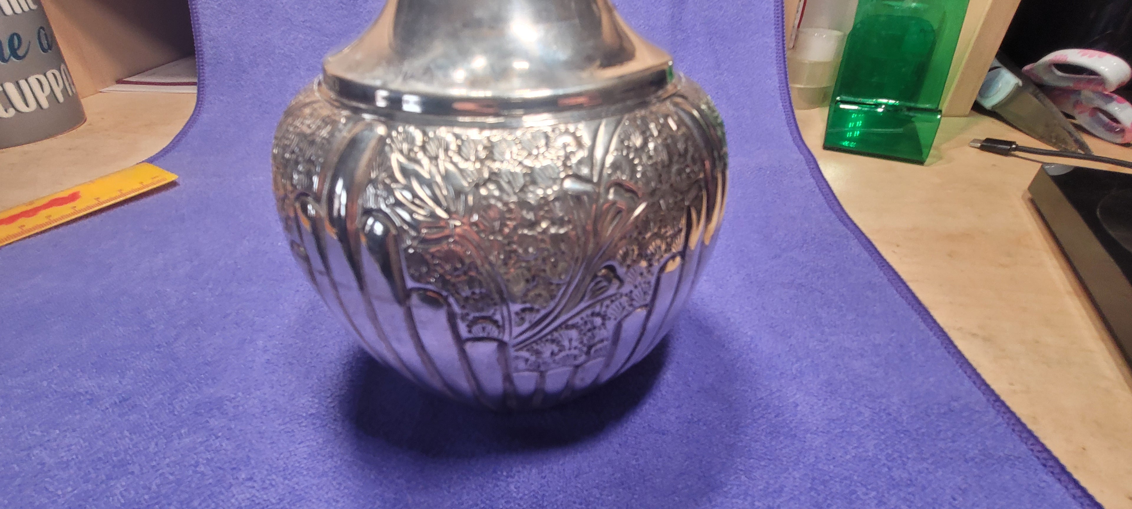 Antique Solid Silver Vase 351g 18cm Hand Chased Floral Design Stamped "SILVER"