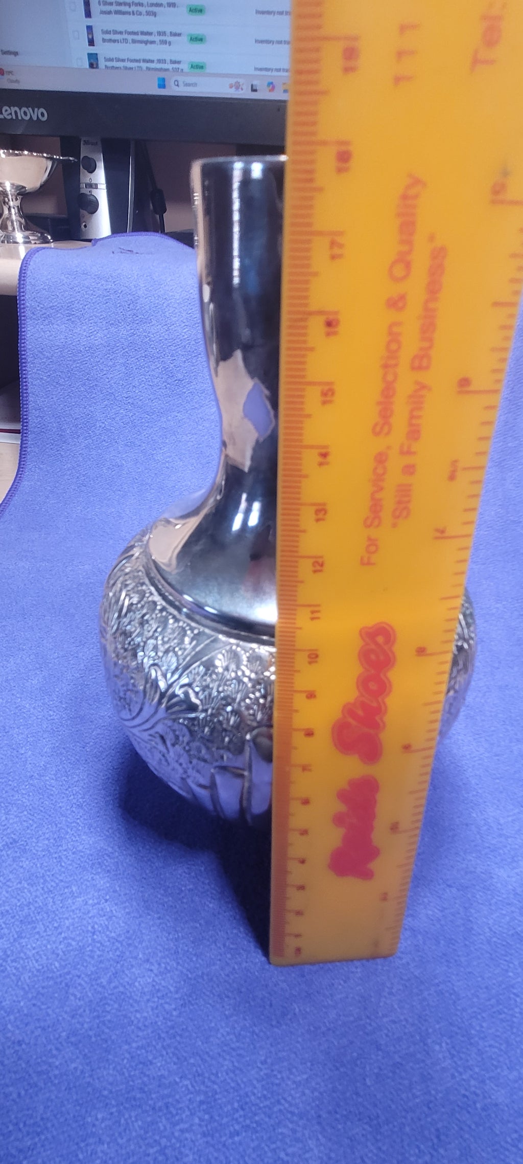 Antique Solid Silver Vase 351g 18cm Hand Chased Floral Design Stamped "SILVER"
