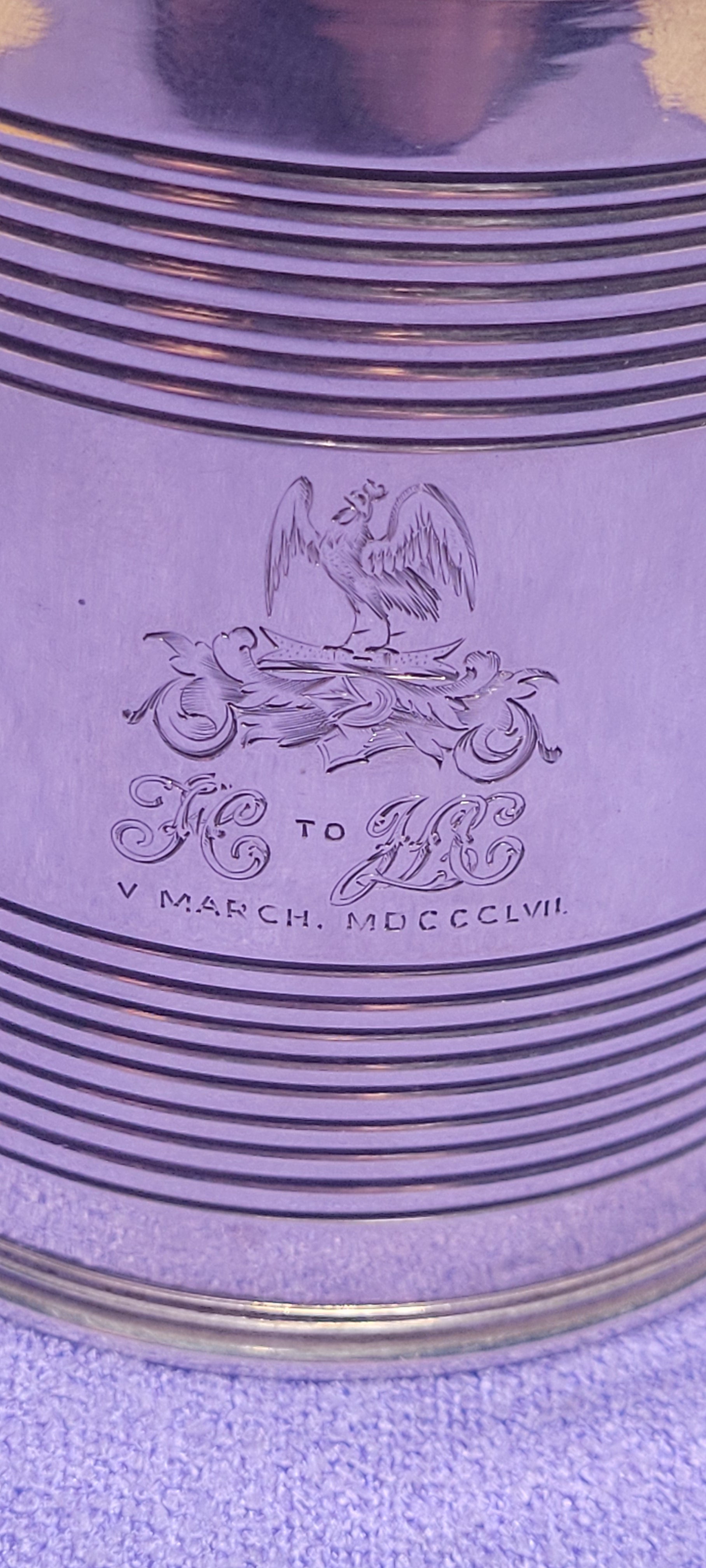 1856 Exeter Sterling Silver Christening Mug Lined Pattern Josiah Williams