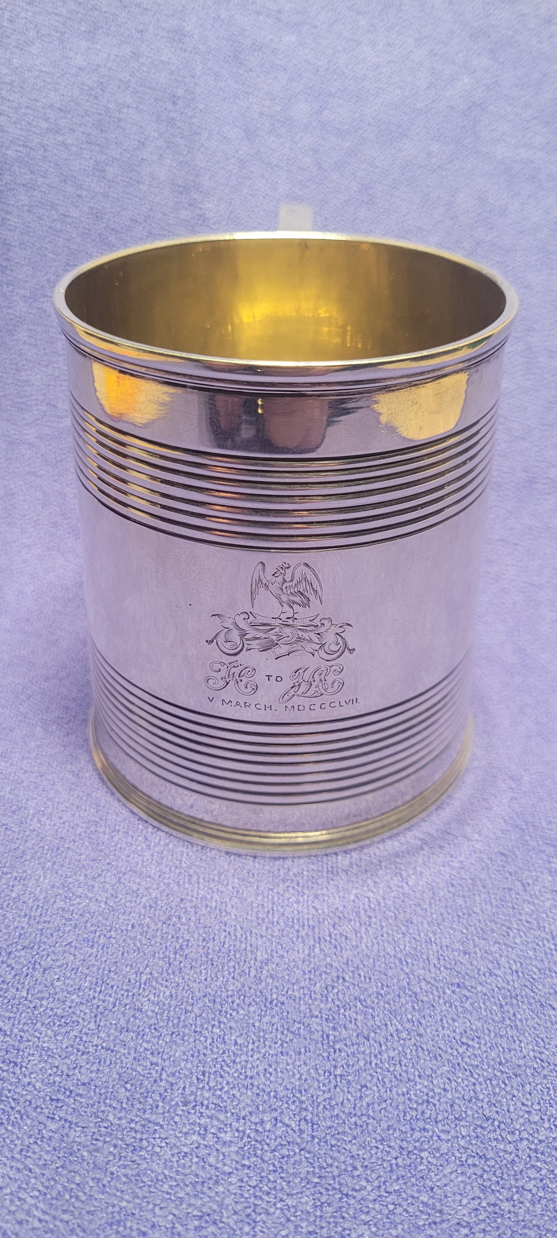 1856 Exeter Sterling Silver Christening Mug Lined Pattern Josiah Williams