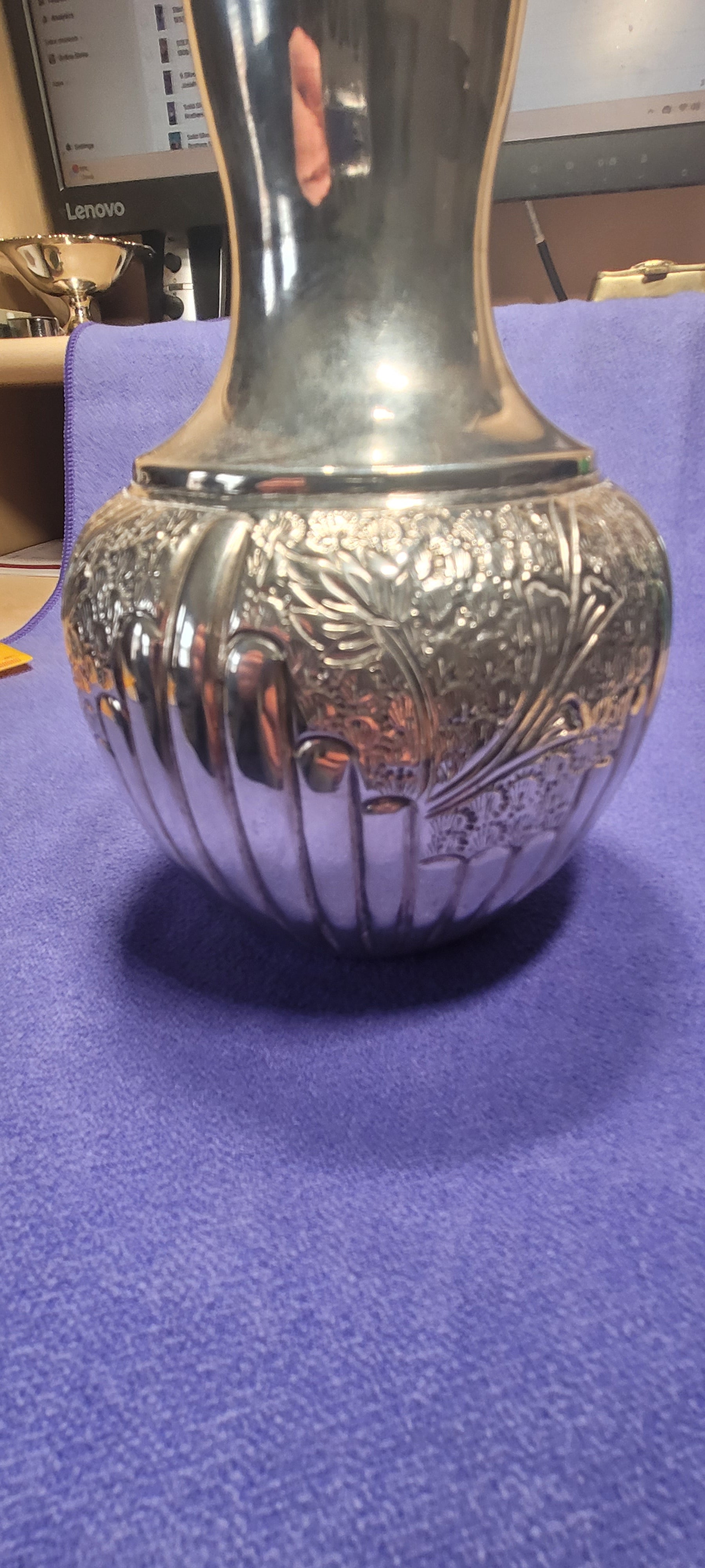 Antique Solid Silver Vase 351g 18cm Hand Chased Floral Design Stamped "SILVER"