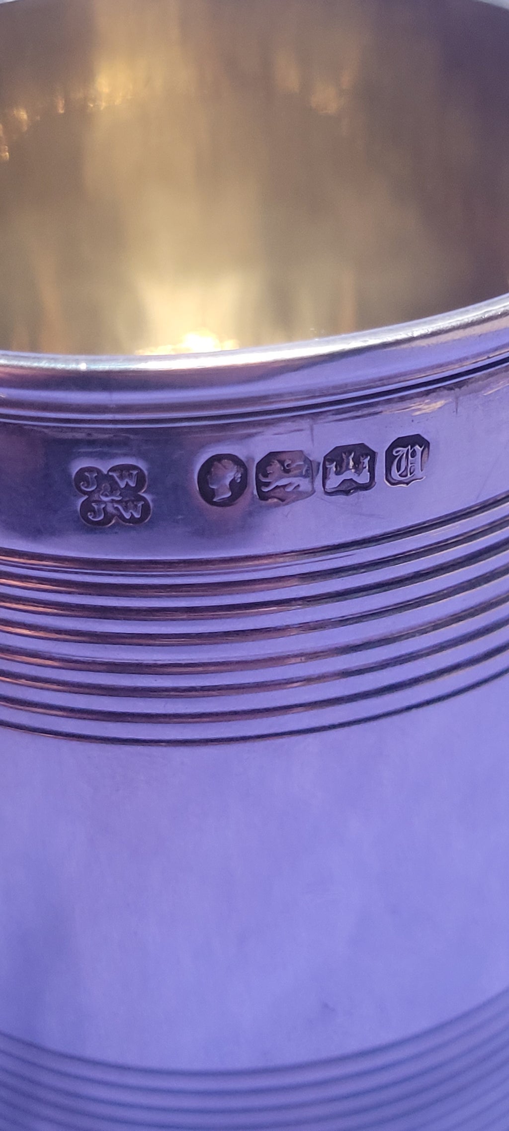 1856 Exeter Sterling Silver Christening Mug Lined Pattern Josiah Williams