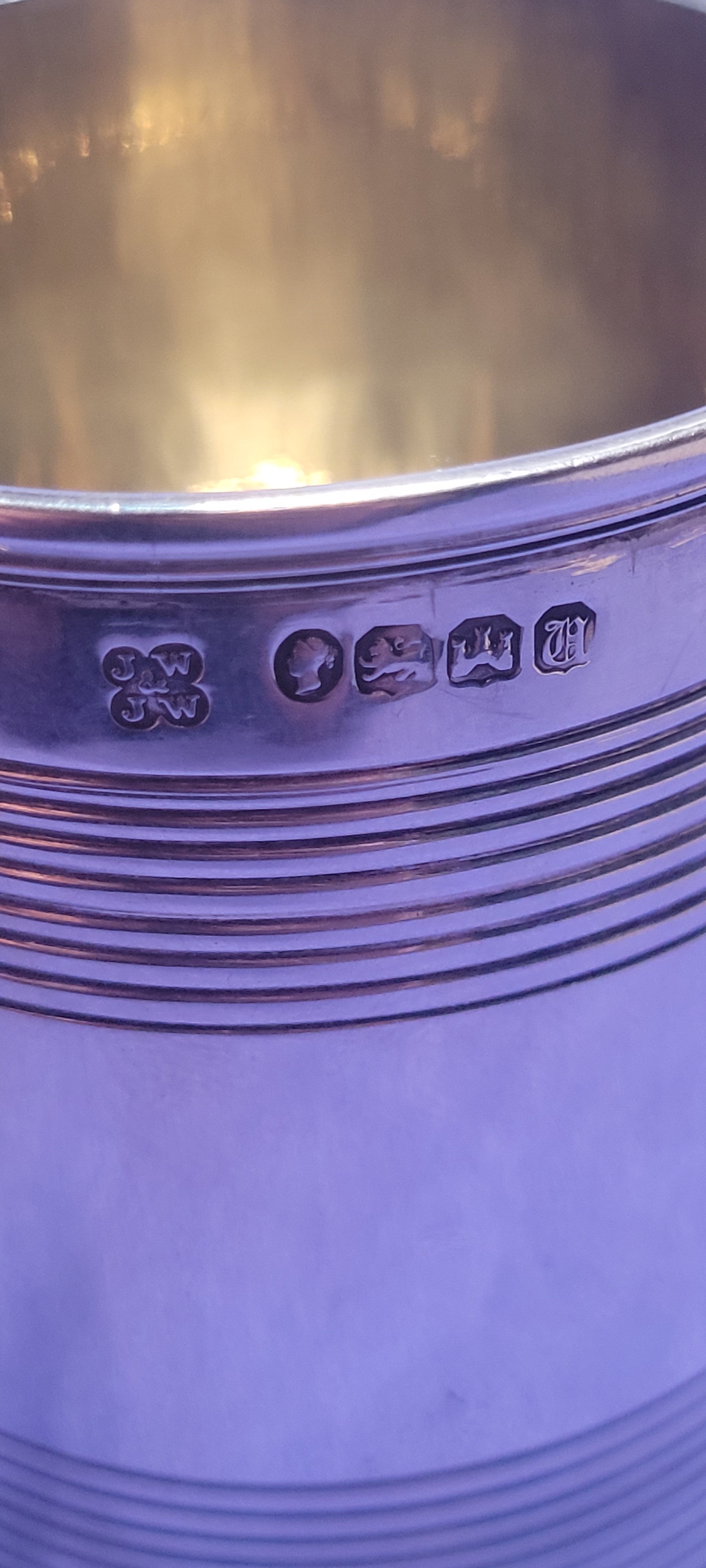 1856 Exeter Sterling Silver Christening Mug Lined Pattern Josiah Williams