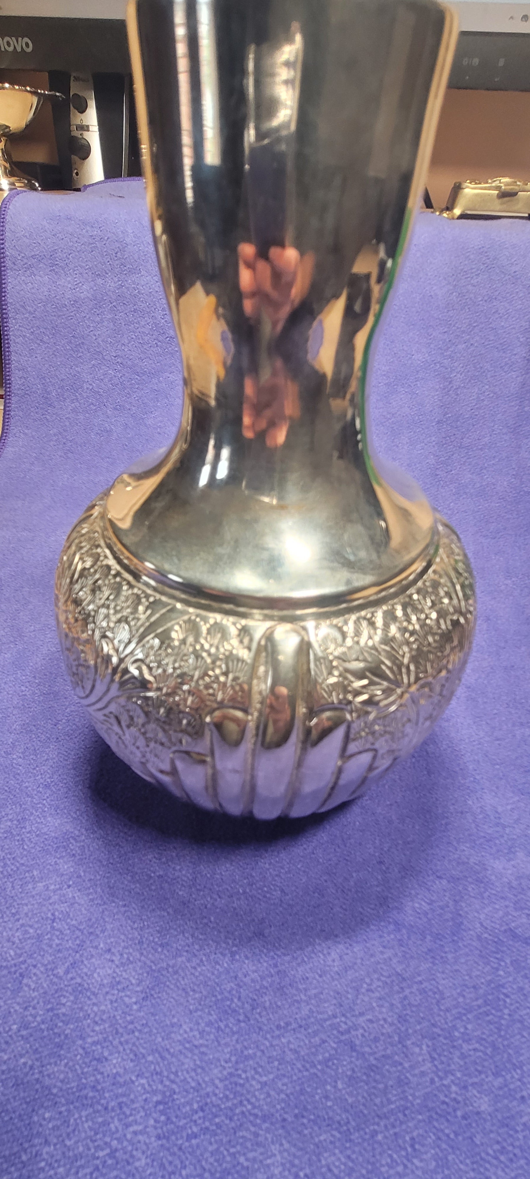 Antique Solid Silver Vase 351g 18cm Hand Chased Floral Design Stamped "SILVER"