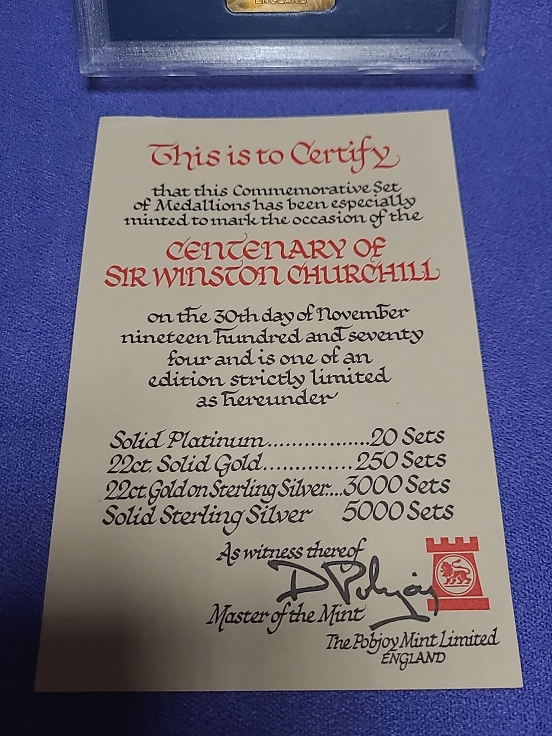 Winston Churchill Centenary 1874–1974 22ct Gold on Silver 6 Coin Medal Set