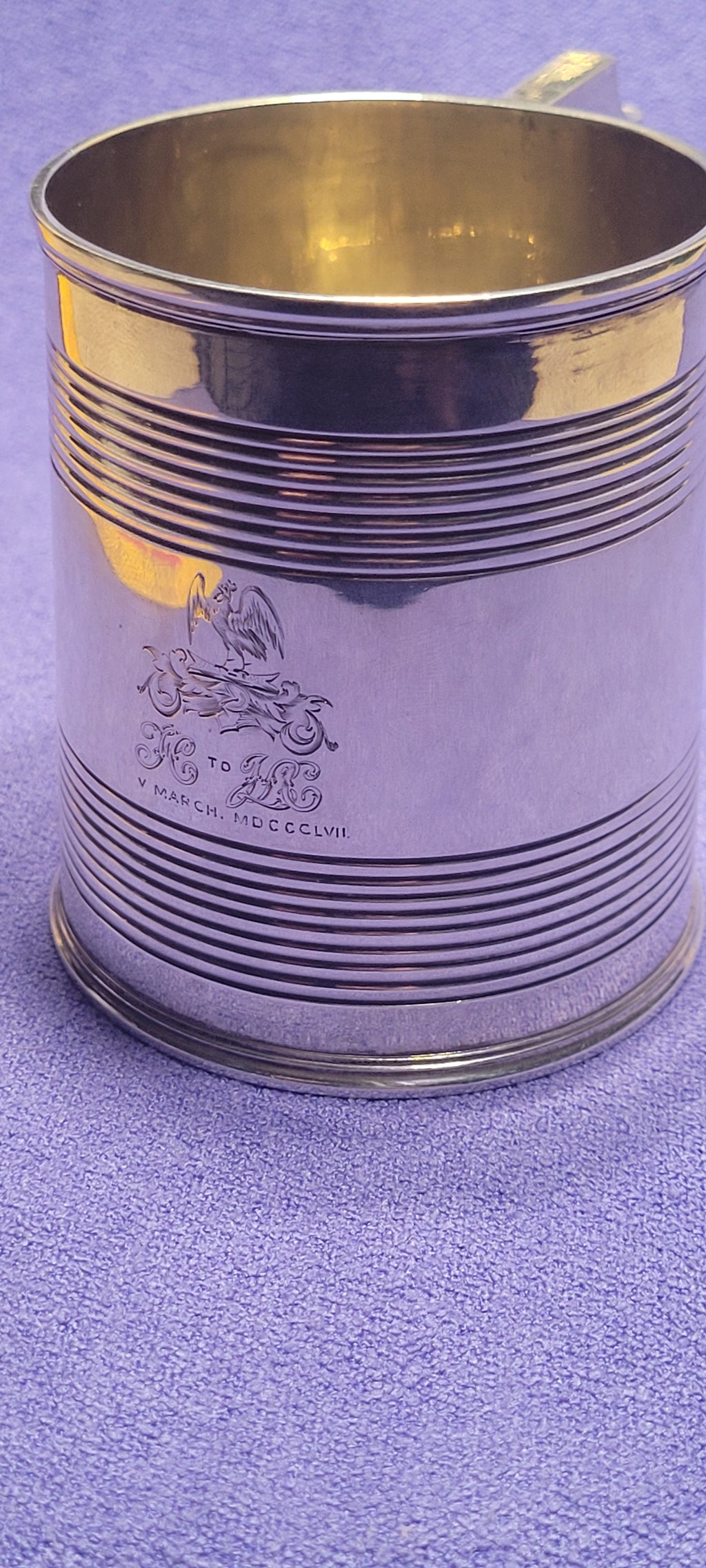 1856 Exeter Sterling Silver Christening Mug Lined Pattern Josiah Williams