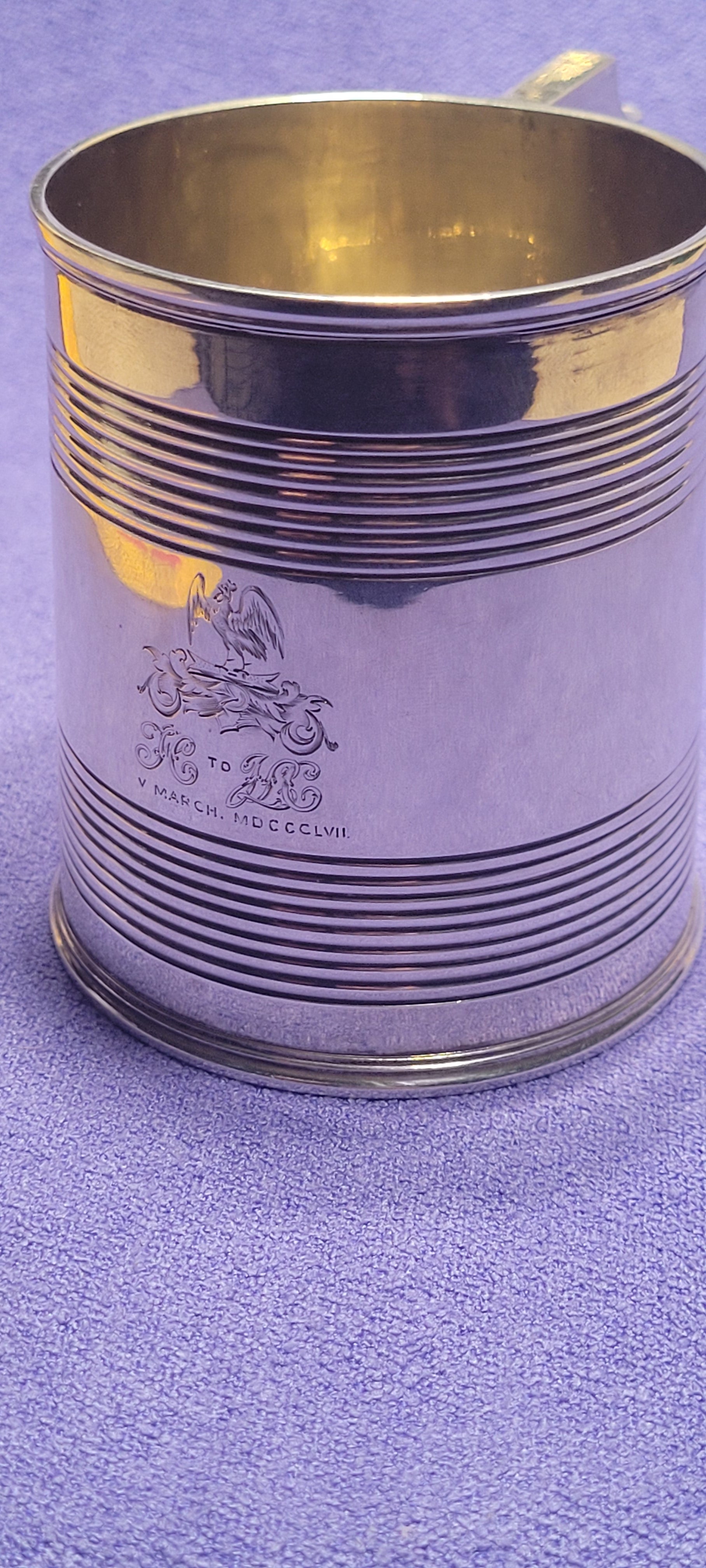 1856 Exeter Sterling Silver Christening Mug Lined Pattern Josiah Williams